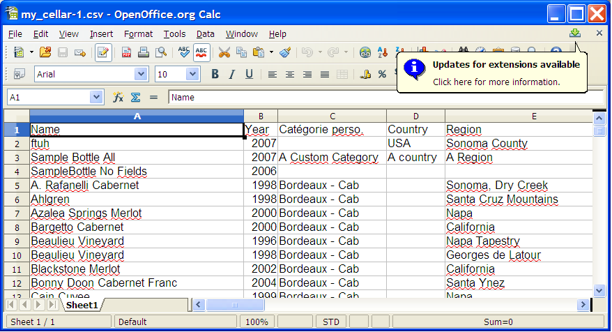 Open Office Screen with settings for Wine Cellar